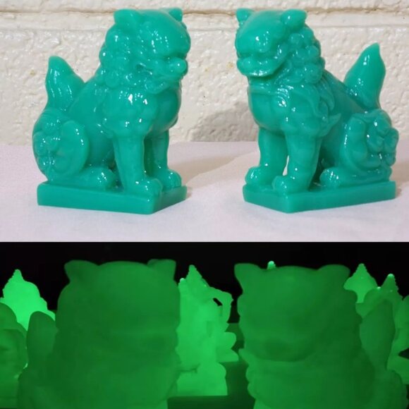 CHINESE FU LION DOGS*GLOW in the DARK*STATUE PAIR-Jade Color Resin-Foo-Guardians - Picture 2 of 9